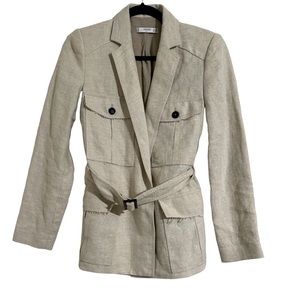 Mango Suit Linen Blend Belted Notch Lapel Blazer Jacket with Pockets Size XS